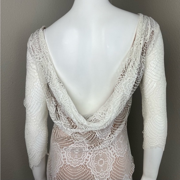 NAKED WARDROBE Crochet Lace Cowl Back Mini Dress Boho 70s Coquette Prairie Bride - Picture 10 of 16